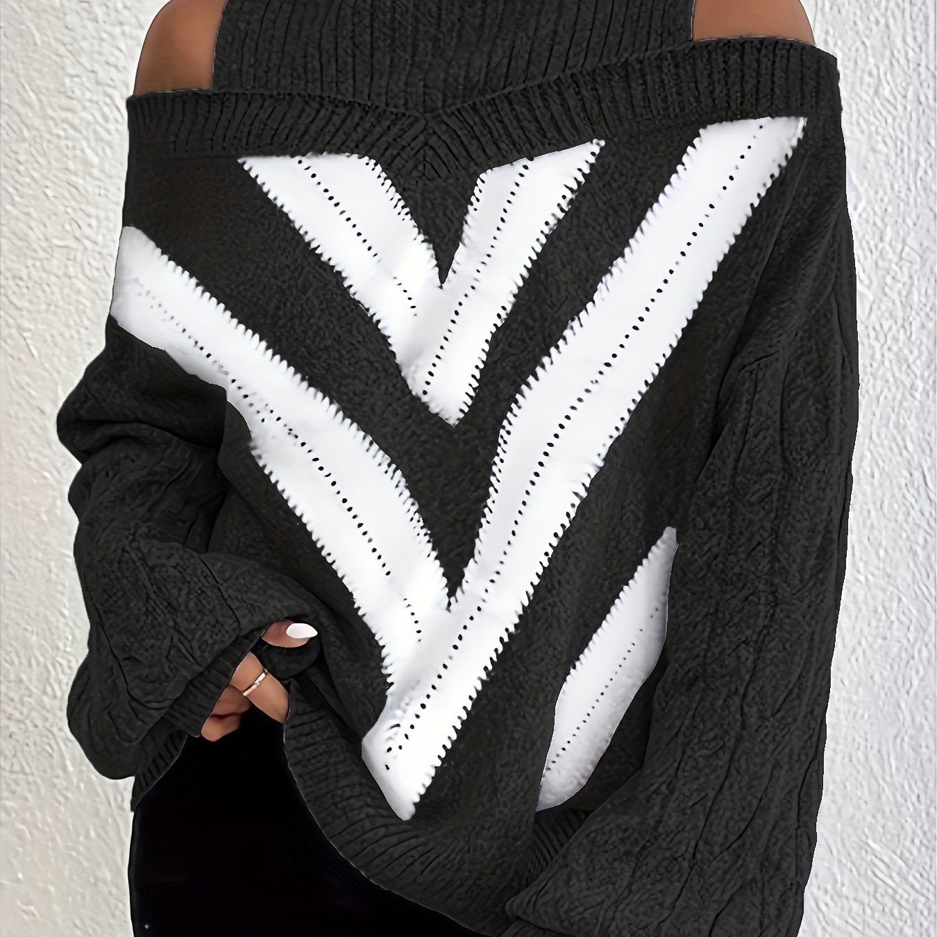 Elegant Plus Size Off Shoulder Striped Cable Knit Sweater