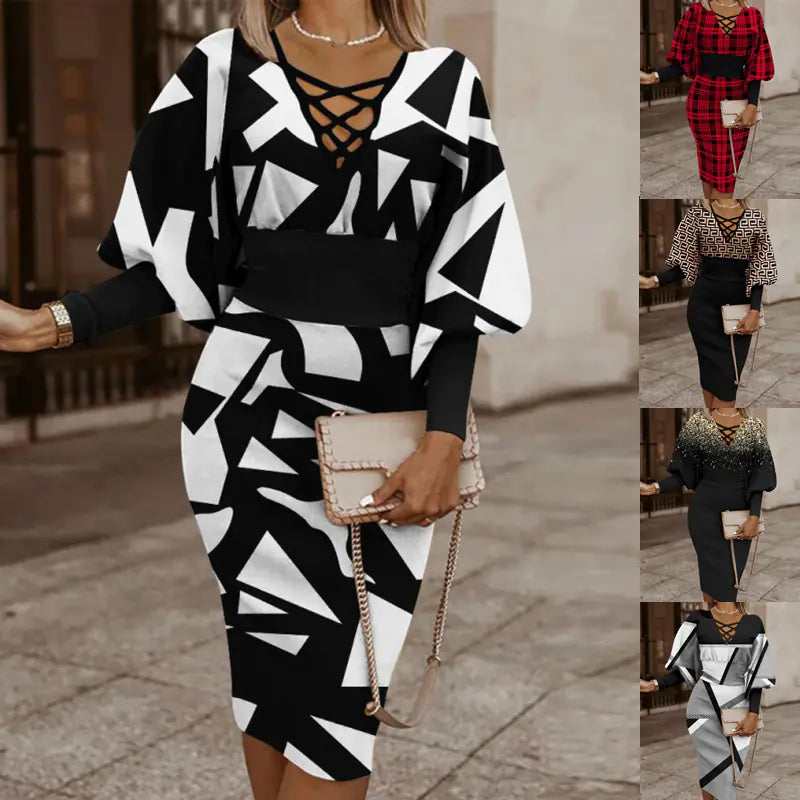 Elegant Women's V-Neck Long Sleeve Pencil Dress