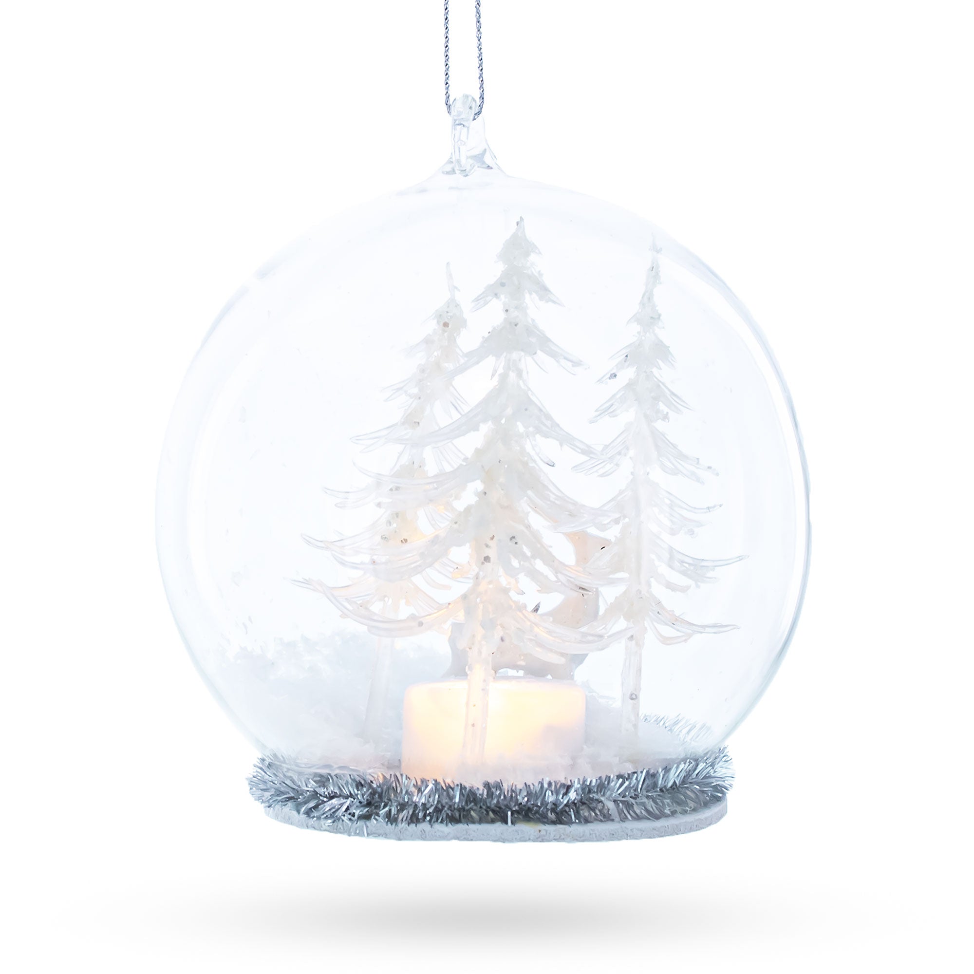 White Deer in Snow Globe with Glistening Snowflakes Glass Christmas Ornament