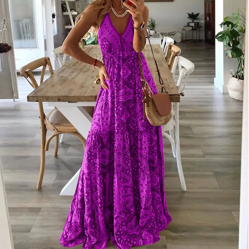 Bohemian High Waisted V-neck Floral Dress